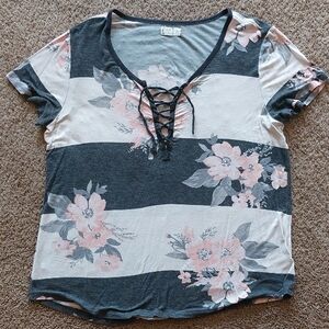 Maurices Lace Up Floral Striped Short Sleeve Top XL